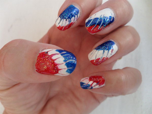 Patriotic Needle Marbling Nail: Copy this this sparkling look with glitter, a needle, and nail art brushes! 