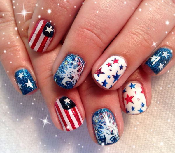 4th of July Fireworks, American Flag and Statue of Liberty Nail Art 