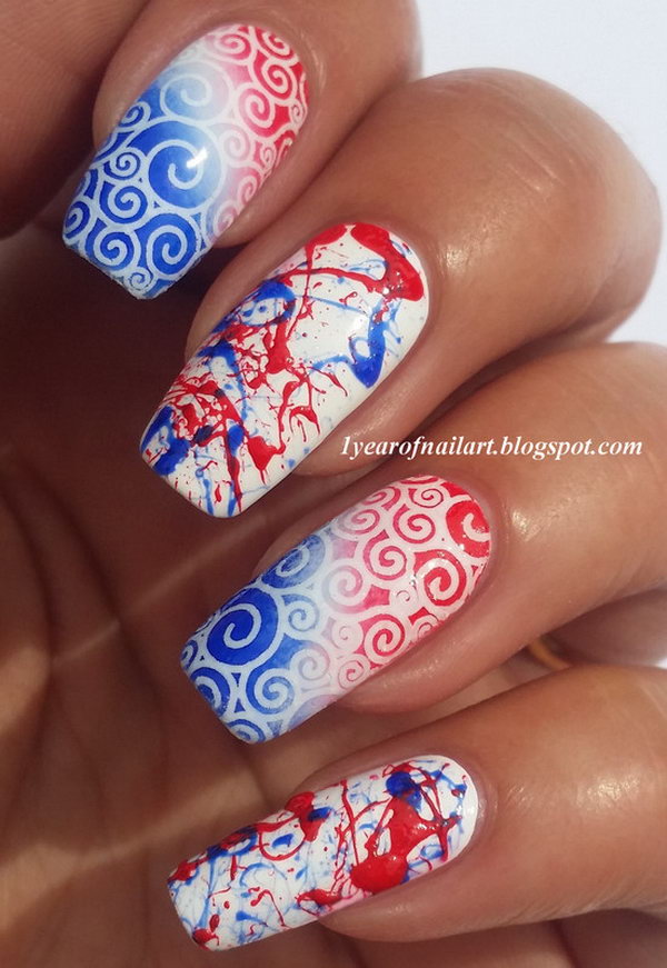4th of July Splatter and Diagonal Gradient Red, White and Blue Nail: See the tutorial here.