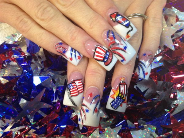 4th of July Firecrackers and Uncle Sam Hat Theme Long Nail Design