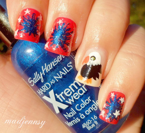Red, Blue, White and American Eagle Nail Art: This cute nail art with eagle and fireworks on it is so cute and different. See this video tutorial here.