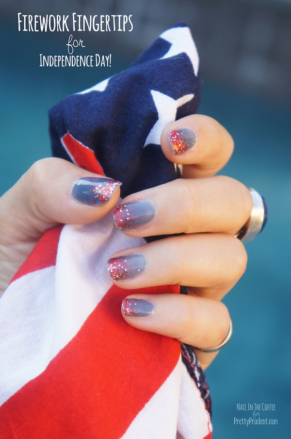 4th of July Abstract Fireworks Mani: With the red glittery sequins sparkling on the top of gray-blue base, it's the time to break out the white, red and blue tones and have a unique patriotic look. 