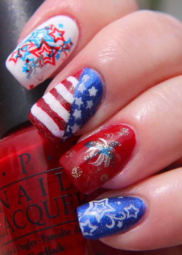 Stars, Stripes and Fireworks Nail: This fireworks Nail is rooting in patriotism with it’s stars, stripes and fireworks. Learn the tutorial here.
