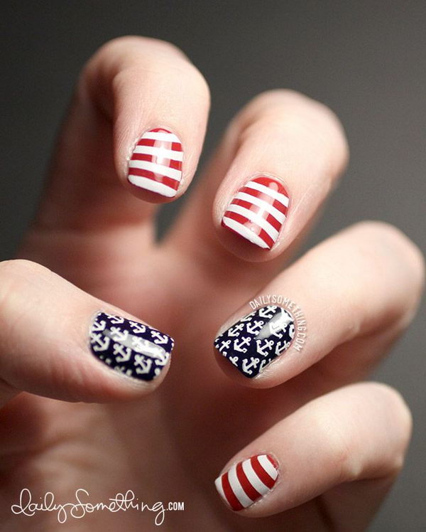 Patriotic Anchors and Stripes Short Nails: These very simple to recreate nails use the classic nautical symbols embodying the anchors and stripes can also be looking American-themed. And they look very clean and cute.  