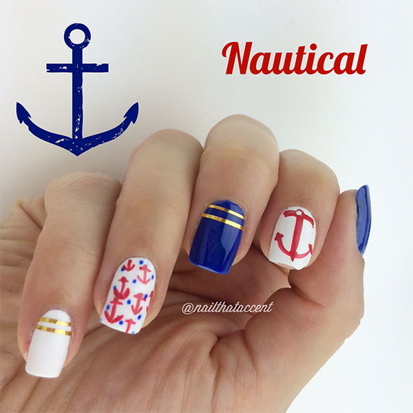 Clean and Cute Patriotic Nautical Long Nails:  With the classic nautical color theme of red, white and blue, they used gold striping tape as accents for the nautical nails and hand painted the anchors and polka dots. And the result is really fantastic. See the tutorial 