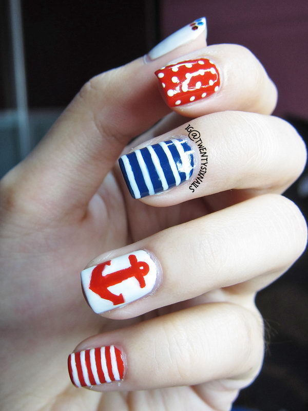 Patriotic Stripes, Anchor and Polka Dots Short Nails:  This July 4th Nail with alternate patterns to catch the eye is a clean, fancy way to rock your country’s colors. See the tutorial  