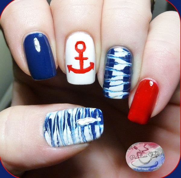 4th of July Nautical Theme Nails: Use needle marbling to rock your patriotic color and you can get what is just for you on your memorial day. See the tutorial 