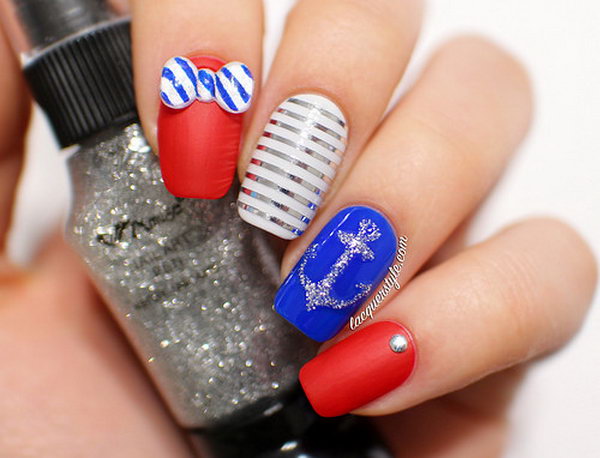 4th of July 3D Striped Bows Accented Nails:  This 3D striped bows design is a funny take on navy-inspired nails. Start with blue, white and red alternating bases, then draw the silver anchor and clean stripes with nail art pens. Add a silver stud and the striped bows and it's done. See the tutorial 