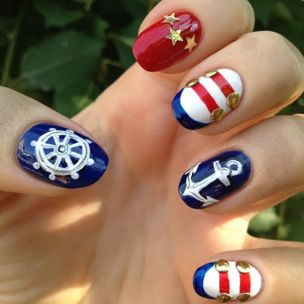 4th of July Nautical Nails with Gold Accents: This nautical theme inspired red, white, gold and blue nail art is very easy to recreate. And it speaks perfectly to the upcoming particular American holiday of ours. 