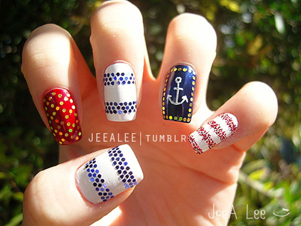 4th of July Nautical Sequins Nails: With the clever sequins set, this patriotic nautical nail creates a great 4th of July nails look that is just you, but totally shows your pride.  
