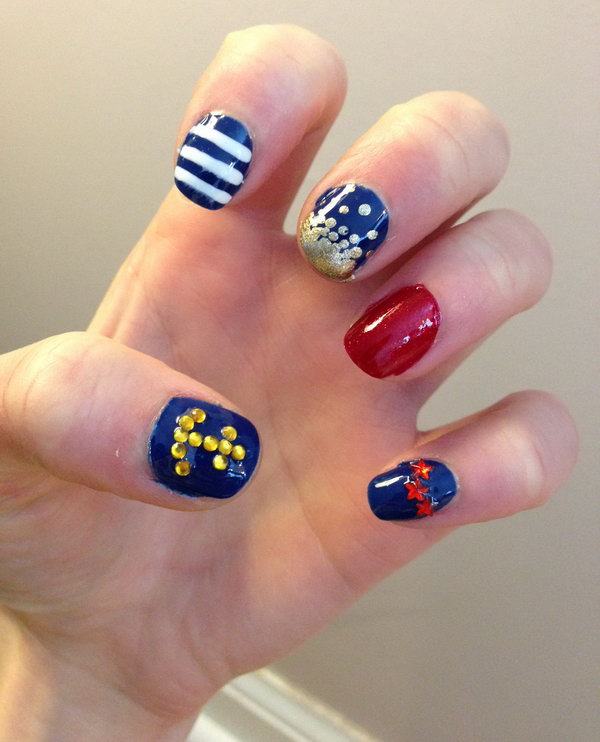 Nautical 4th of July Glitter Nails