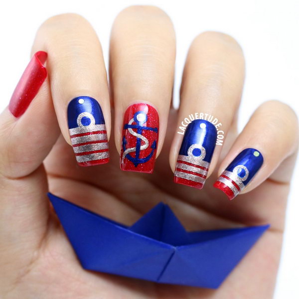 Patriotic Anchor Accented Nautical Long Nails 