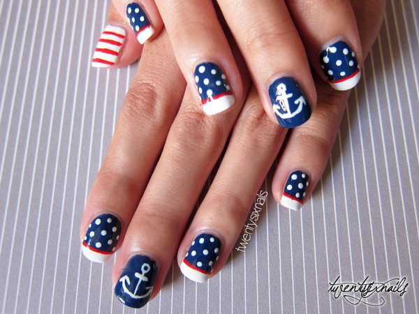  Patriotic Polka Dots, Stripes and Anchor Nail Art: With this very cute and vintage manicure, you can create a great 4th of July nails look that is beautiful and unique, but totally shows some love on the Fourth of July. 