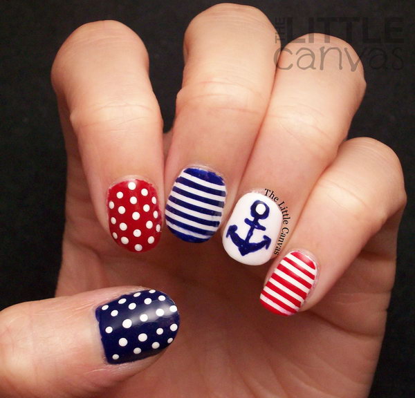  4th of July Dots, Stripes and Anchor Nautical Nail Art: It looks so cute. I love the different colored striped with dots and an anchor nails very much. See the tutorial 