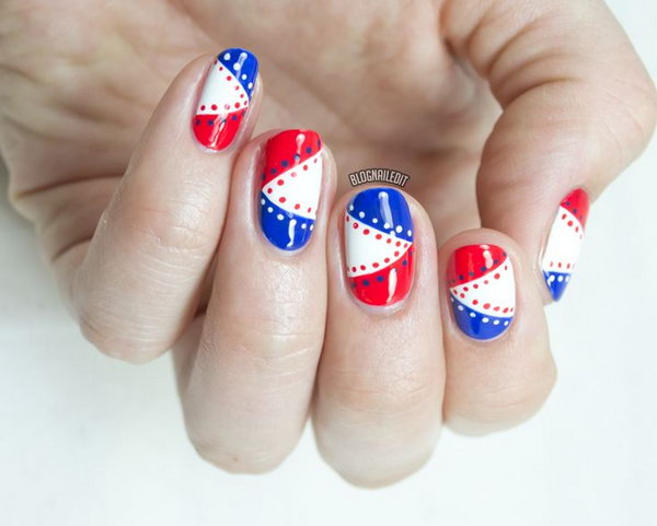 4th of July Nautical Nails: What cute nails. Simply use red, blue and  white polish, a detailing brush and a dotting tool to rock this patriotic manicure. See the tutorial 