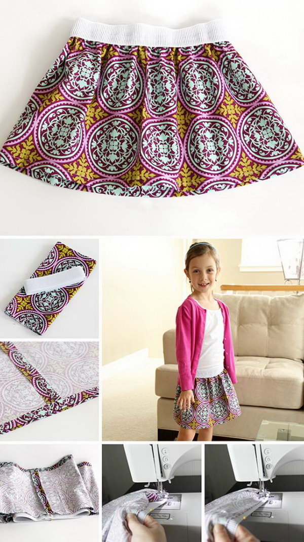  Elastic Waist Skirt. Kids' clothes cost a lot of money.  Sewing clothes for your growing kids can be a real money saver.This elastic waist skirt is super easy to sew. It is also a fun sewing project for beginners. You can make some in different sizes as you need