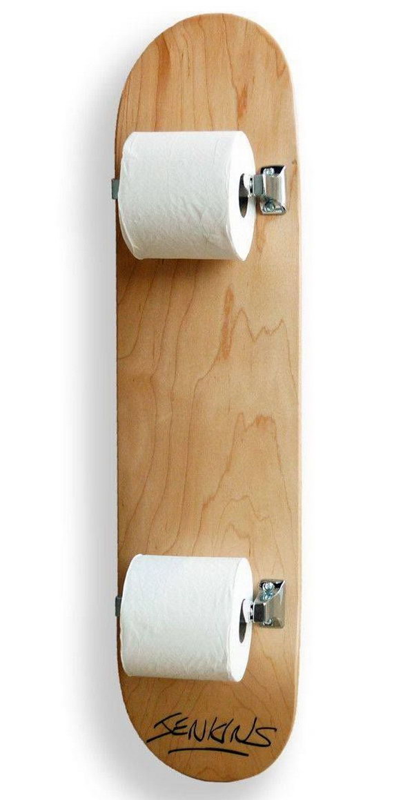 Skateboard Toilet Paper Holder: Versatile skateboards can be repurposed many ways. And here is a good example what you can do with it for placing your toilet paper. 