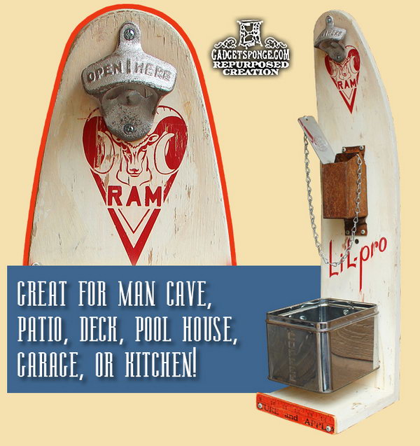 Repurposed Skateboard Beer and Soda Bottle Opening Station: Every man needs one like this cool opening station. It's very decorative and useful for his man cave. 