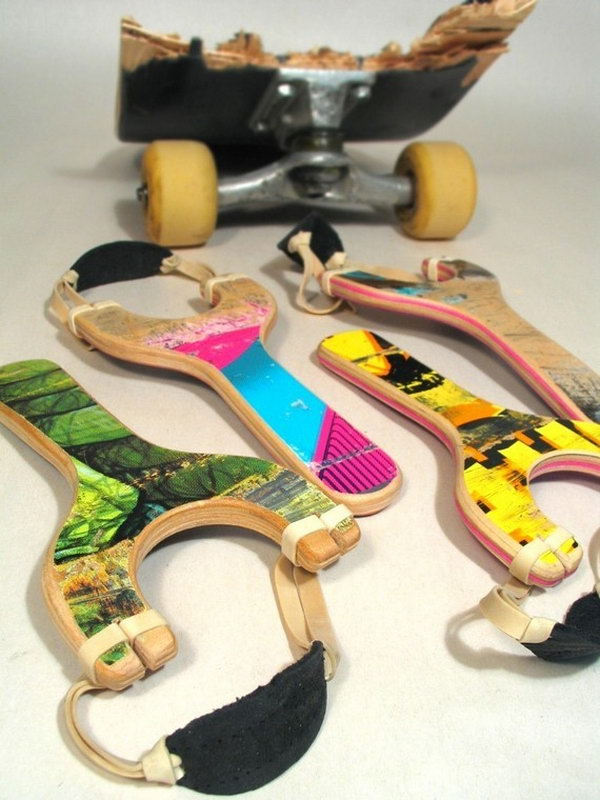 Skateboard Slingshots: Boys are always in love with slingshots. What's better gifts for them than these little slingshots made from old skateboard decks. The pouches are made from scrap leather, and the latex rubber bands are a standard office size. 