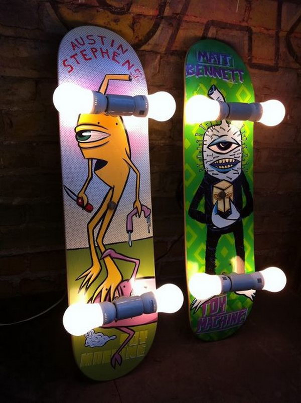 Awesome Repurposed Skateboard Lights: What cool and decorative skateboard lights, they're surely to boost the vibe of a space. Be great for the kids' playrooms or the bedrooms. 