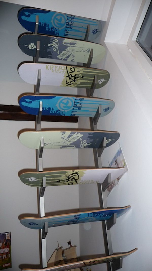 Recycled Skateboard Decks Stairs: If you don't want to spend a lot of money for your new stairs, you can make them with recycled skateboard decks. And the result is you can have the coolest stairs that will make your friends envious. 