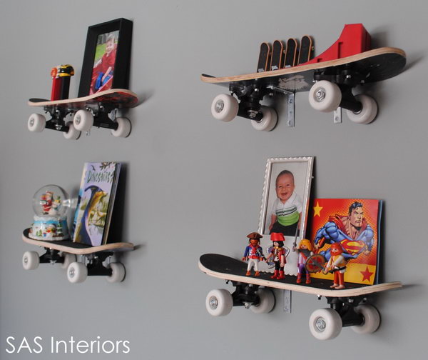 Repurposed Skateboard Shelves: Install shelves using old skateboards in the kids' room, you can get a room unique and different. The shelves are really decorative and very functional at the same time. See more details 