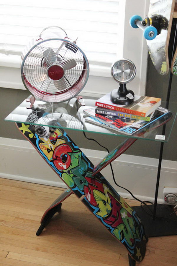 Skateboard Table: This is an cool skateboard furniture that is suitable for a side table for a teenage boy's bedroom or playroom. Very impressive and striking. 
