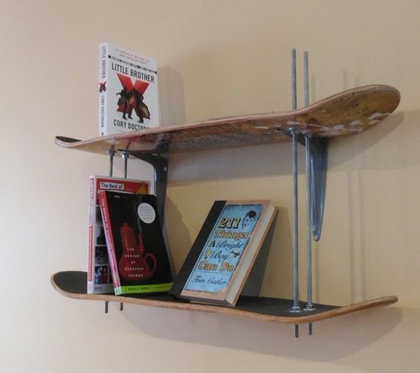 Skateboard Bookshelf: This adjustable-height bookcase was made with some old skateboard decks, thread, some bolts and it's easy to recreate. I like that the height is adjustable and the all thread works as book ends. See the instructions 