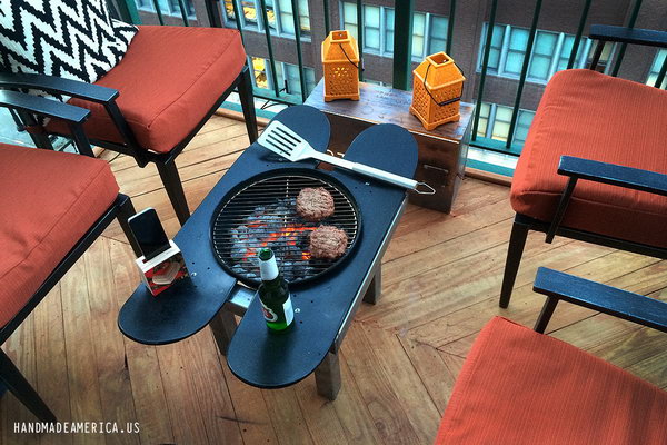 Skateboard Deck Grill: This skateboard deck grill is a crazy amazing thing for a small space. What is cooler than sitting down to enjoy your beer and barbecue in your small patio, when you don't even need to go outside. See more details 