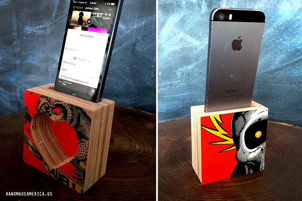 DIY Repurposed Skateboard Iphone Speaker or Amplifier: Cut your old skateboard decks into a few pieces and then adhered them together to create a sound chamber. Finish it by creating a slit at the top to slip your iPhone into. And you'll get the coolest custom made iphone speaker. See more details 