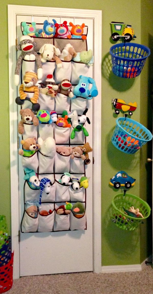 Stuffed Animals In Shoe Organizers And Hang Laundry Baskets For Toys