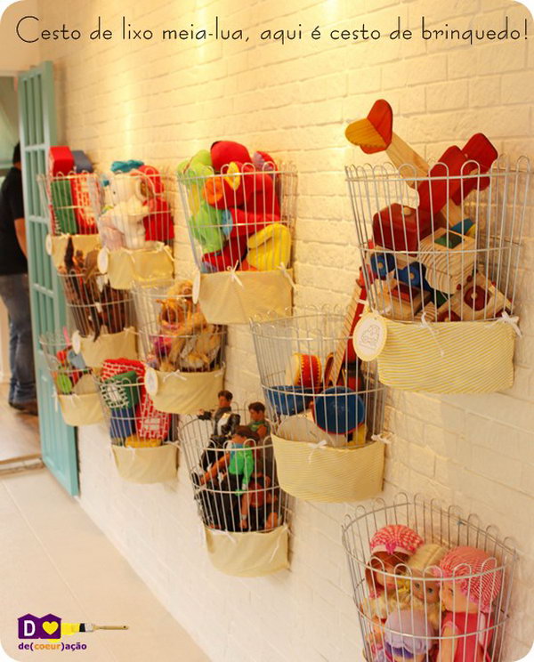 Organize Some Small Wire Baskets On The Wall. They can also served as the kids' home decor.