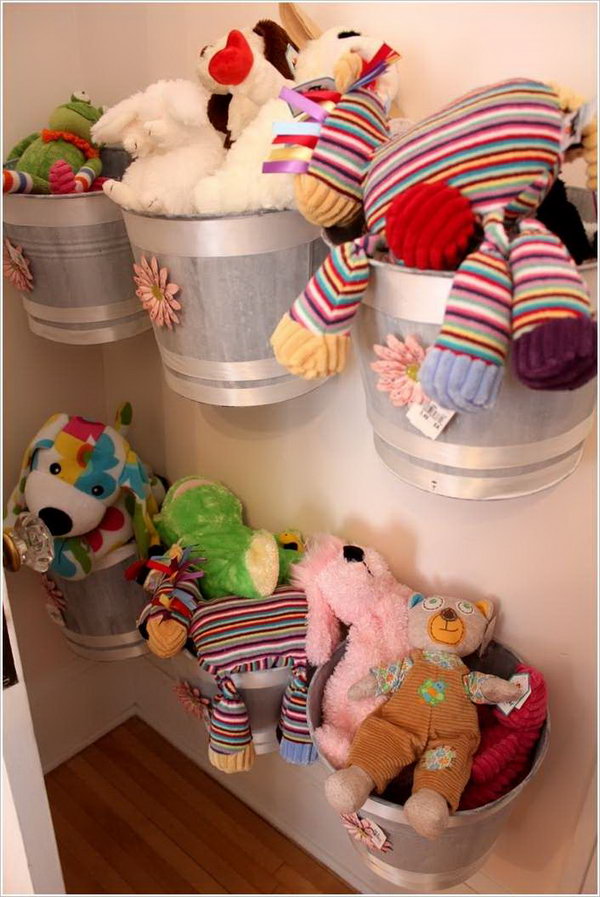 Wall Mounted Buckets Serve as Cute Storage for Stuffed Animals