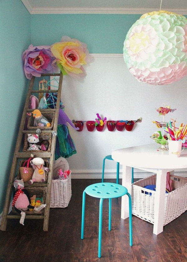 Reuse The Old Ladder As Stuffed Animal Storage. Love this one! So simple! Reuse the old ladder as stuffed animal storage and dress up clothes all in one!