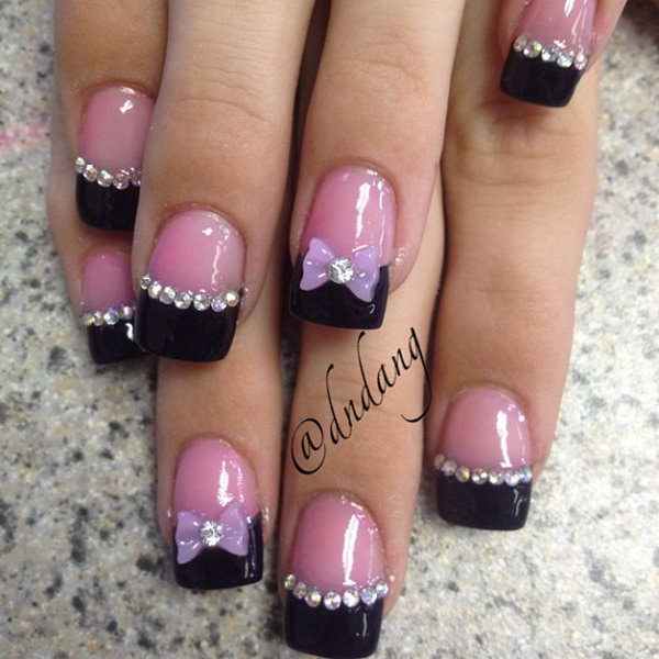 Black Tips Nail with Gems and Bows. 