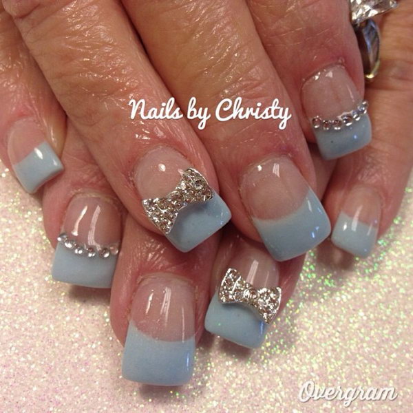 Light Blue and White Nails with Sparkly Bows. 