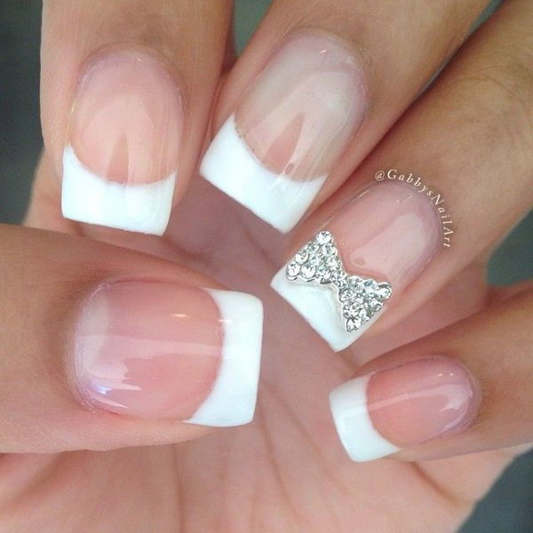 French Nails with Silver Bling Bow.