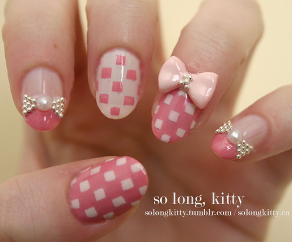 Pastel Checkered Bowtie Nails. 