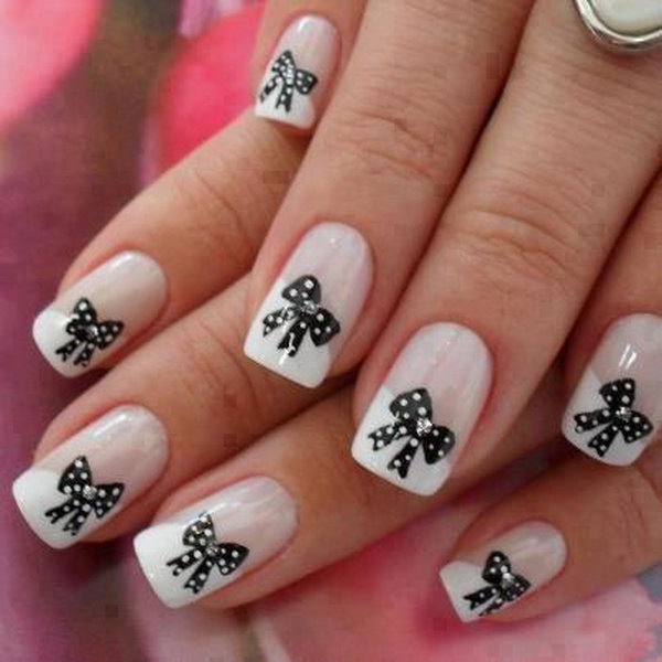 Pink and White Nail Art with Black Bows. 