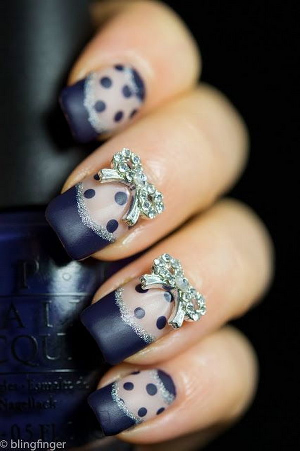 Blue French and Polka Dot Nails with Bows. 