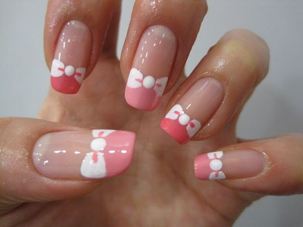  Pink Tips and White Bow Tie Nails. 