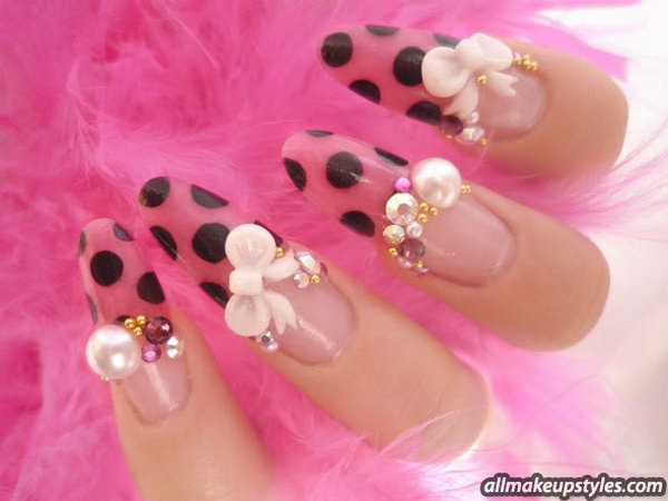 Gorgeous Pink and Black Nails with Golden Zircons and Bows. 