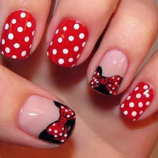 French Nail Art with Polka Dots and Bows. See the tutorial 