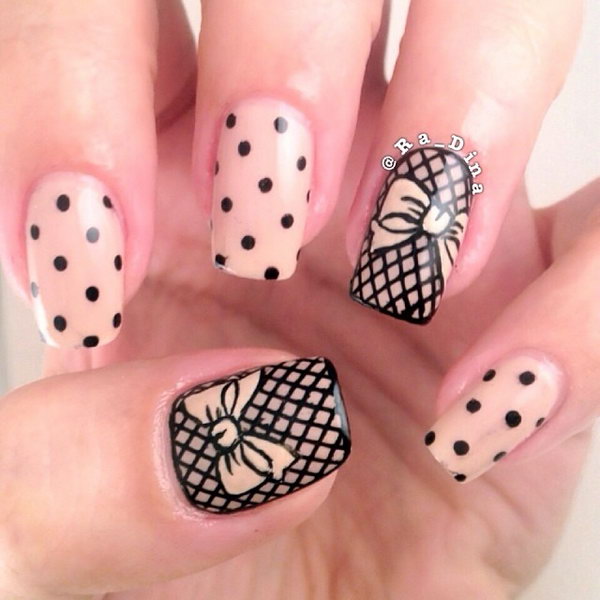Nude Nail with Black Grid and Bow. 