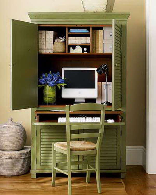 DIY Computer Desk from Wardrobe. It's a good idea to close off the computer area and have something beautiful to look at! 