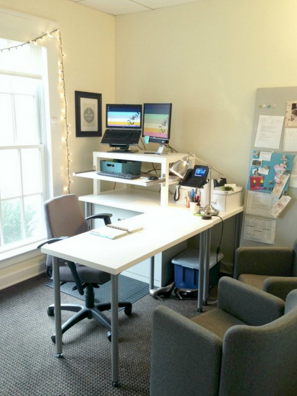 IKEA LACK Coffee Table Standing Desk. This DIY computer desk fits dual monitors, has a bonus interior shelf and looks great! 