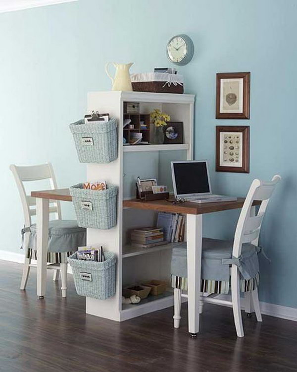 DIY Double Computer Desk with Bookcase. This clever idea shows how to transform a single table and bookcase into a space for two. 