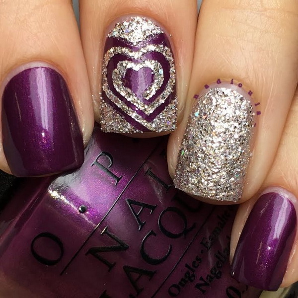 Awesome Purple Nails with Glitter Accent. 