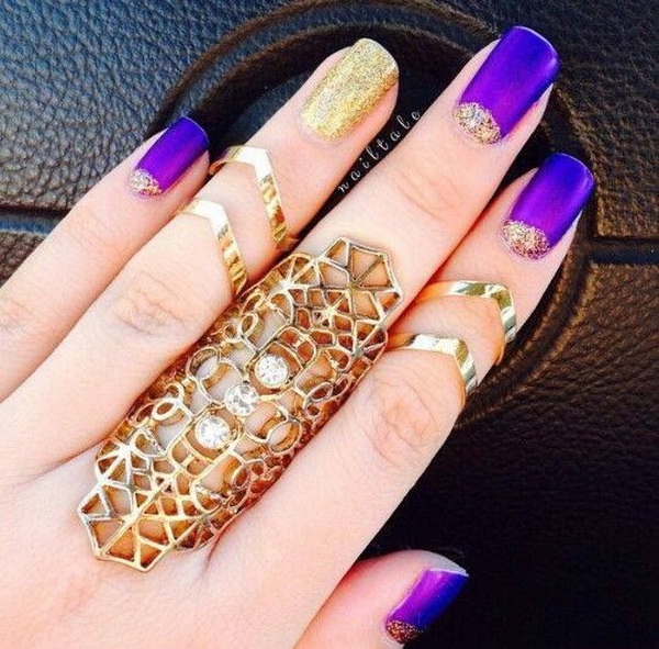 Purple and  Glitter Gold Nails. 