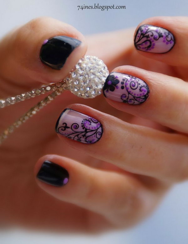 Black and Purple Flower Nail Art. 